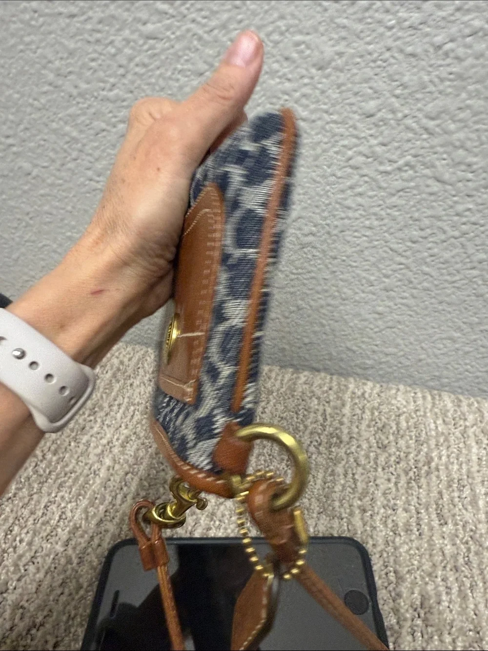 Vintage Coach Signature Blue Bleeker Tattersall and Brown Leather Wristlet